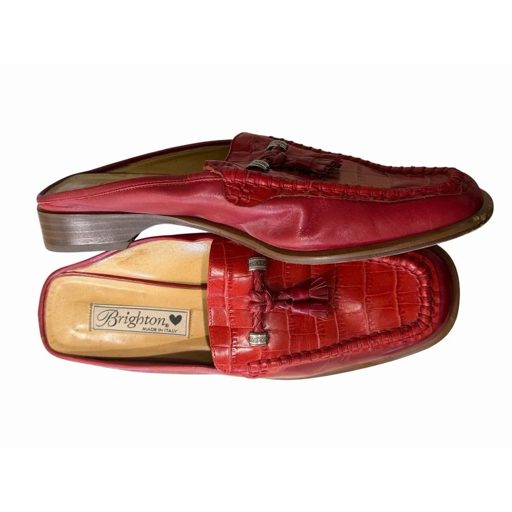 Brighton Julie Women's 7.5 Red Tasseled Croc Leather Loafer Mule Shoe Quiet Luxe
